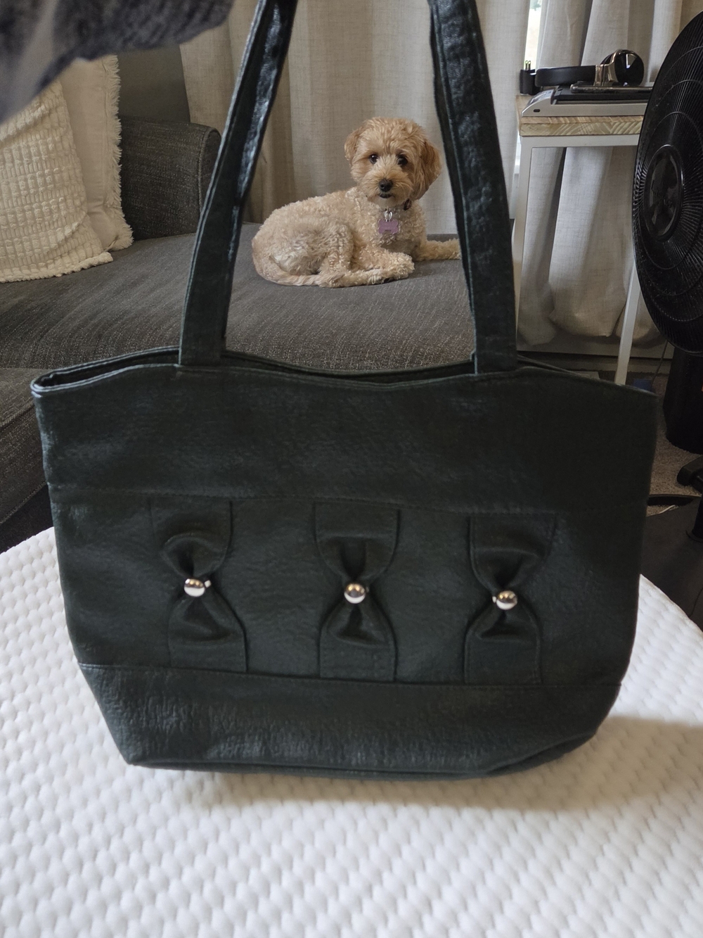 Dark Green Faux Leather Tote Shoulder Bag | Bow Detail Silver Studs | Fall Purse
